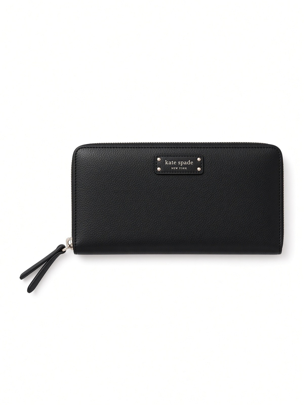 kate spade Black Pebbled Leather Zip Wallet with Logo Plaque